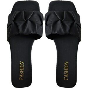 Women's Black Pleated Square Toe  Trendy Summer Slide Flat Sandals Shoes
